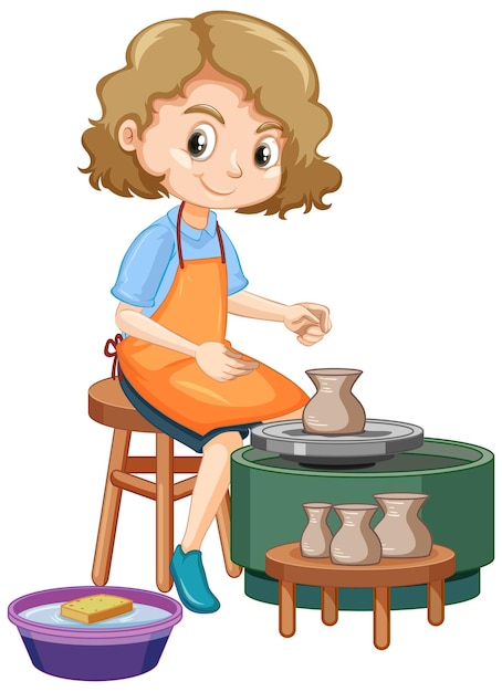 Free vector cartoon character girl making pottery clay on white