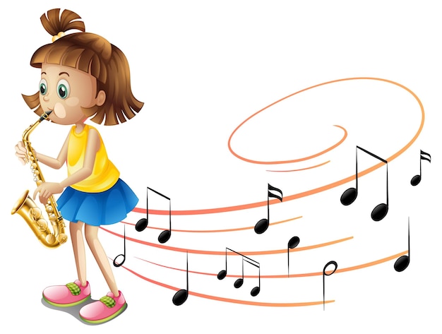 Cartoon character of a girl playing saxophone with musical melody symbols