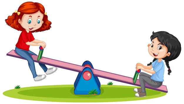 Cartoon character girls playing seesaw on white background