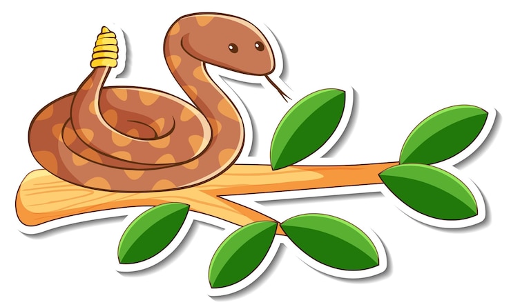 Free Vector cartoon character of green rattle snake on a branch sticker