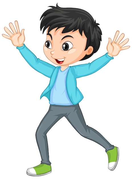 Cartoon character of a happy boy pushing hands up