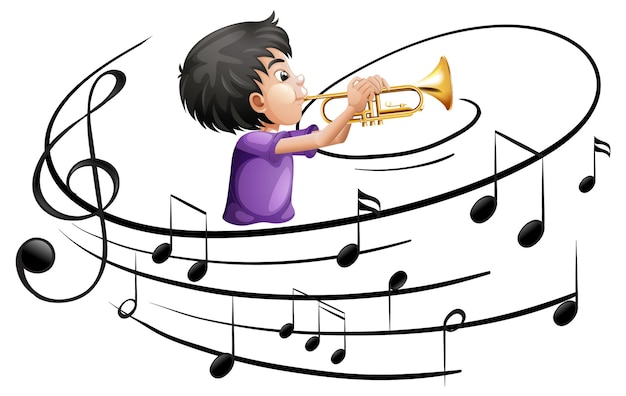 Бесплатное векторное изображение Мультипликационный персонаж человека, играющего на трубе с музыкальными символами мелодии