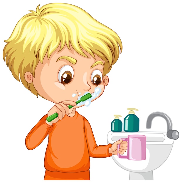 無料ベクター 水シンクで歯を磨く少年の漫画のキャラクター