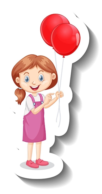 Мультипликационный персонаж девушки, держащей много шаров мультяшный стикер