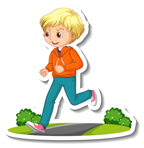 Бесплатное векторное изображение Наклейка с персонажем мультфильма с мальчиком, бегающим трусцой на белом фоне