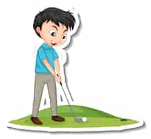 Бесплатное векторное изображение Наклейка с персонажем мультфильма с мальчиком, играющим в гольф