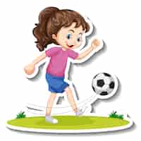 Бесплатное векторное изображение Наклейка с мультипликационным персонажем с девушкой, играющей в футбол