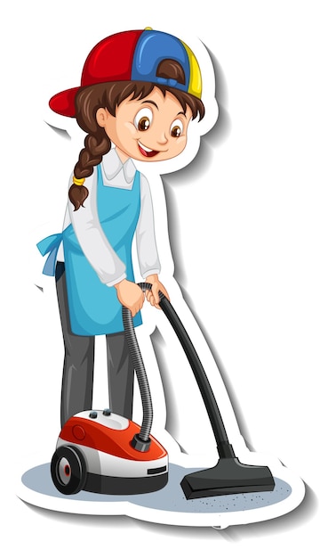 Бесплатное векторное изображение Наклейка с персонажем мультфильма с домработницей, использующей пылесос