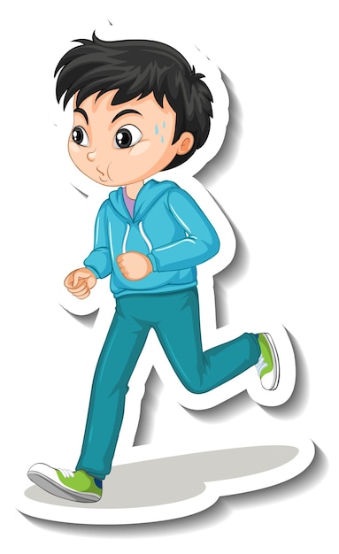 Cartoon character sticker with a boy jogging on white background