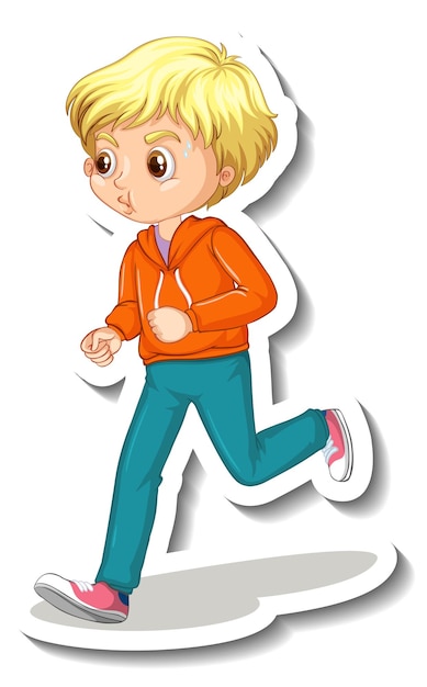 Adesivo personaggio dei cartoni animati con un ragazzo che fa jogging su sfondo bianco