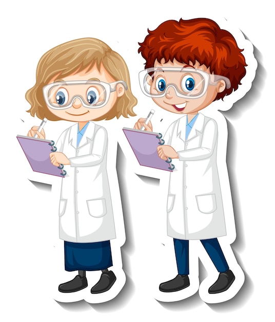 Cartoon character sticker with couple scientists in science gown