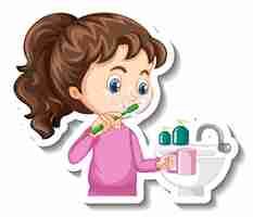 Free vector cartoon character sticker with a girl brushing teeth