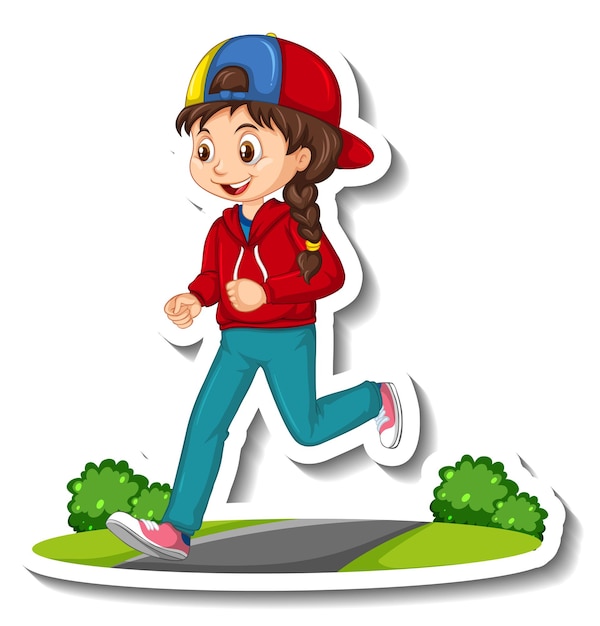 Free vector cartoon character sticker with a girl jogging on white background