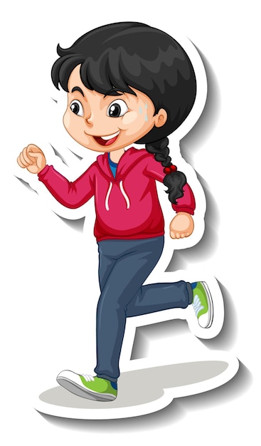 Free vector cartoon character sticker with a girl jogging on white background