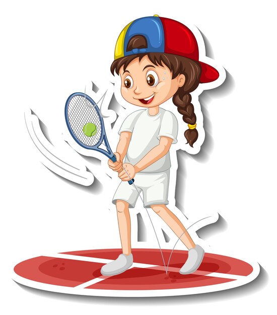 테니스를 치는 소녀와 함께 만화 캐릭터 스티커