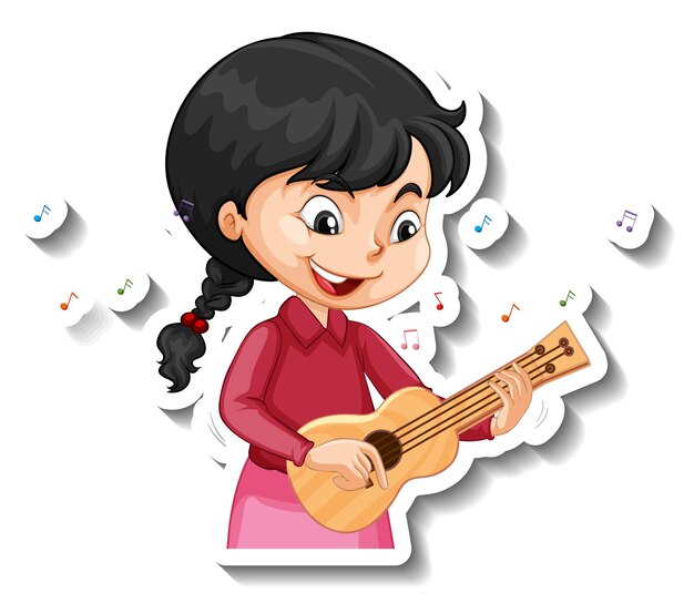 Free vector cartoon character sticker with a girl playing ukulele