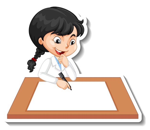 Cartoon character sticker with a girl writing on blank paper