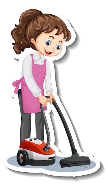 Free vector cartoon character sticker with a house maid using vacuum cleaner