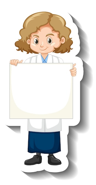 Adesivo personaggio dei cartoni animati con ragazza scienziata che tiene scheda vuota