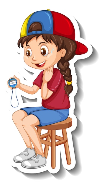 Vettore gratuito adesivo personaggio dei cartoni animati con ragazza allenatore sportivo che tiene un timer