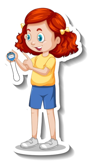 Cartoon character sticker with sport coach girl holding a timer