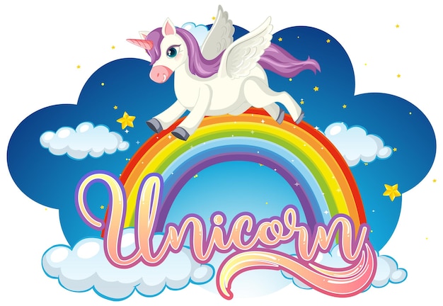 Free vector cartoon character of unicorn standing on rainbow with unicorn font