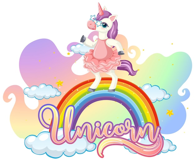 Cartoon character of unicorn standing on rainbow with unicorn font