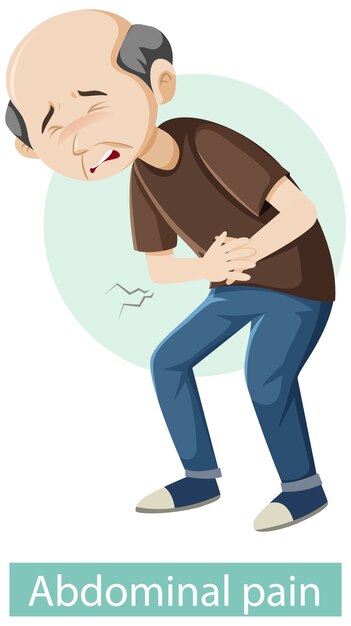 Cartoon character with abdominal pain symptoms