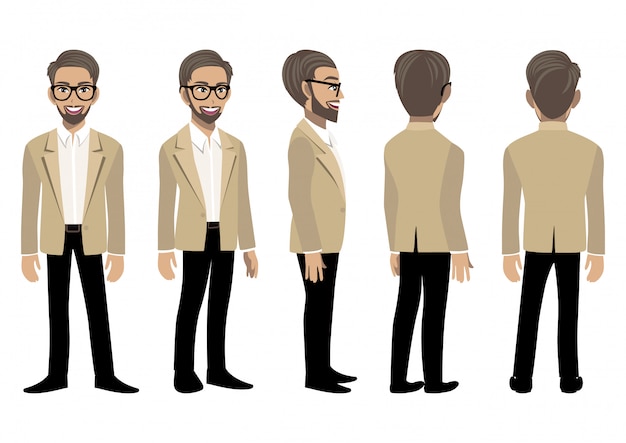 Cartoon character with business man in a smart suit for animation. front, side, back, 3-4 view animated character. flat vector illustration.