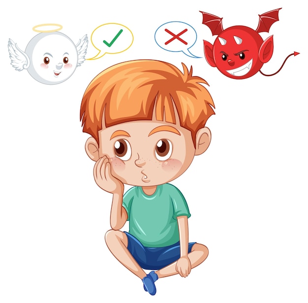 Personaggio dei cartoni animati con diavolo e angelo che combattono nel pensiero
