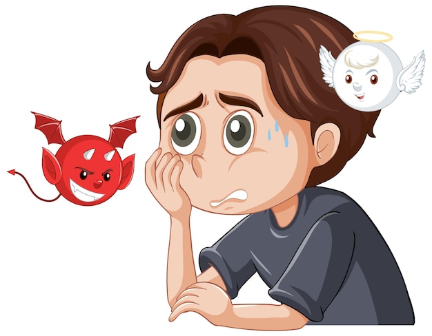 Cartoon character with devil and angel fighting in thought