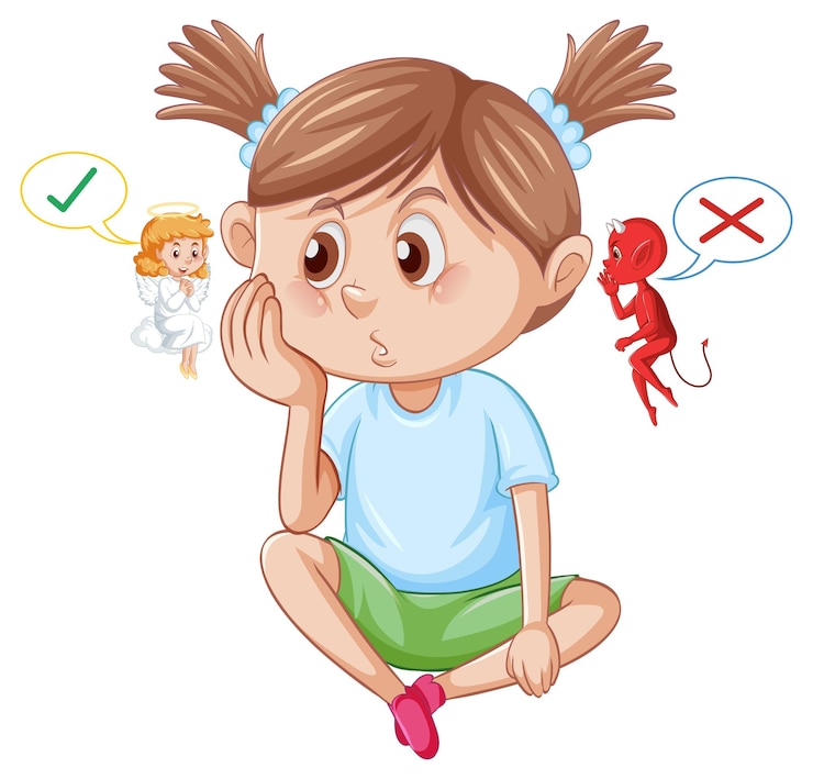 Free Vector cartoon character with devil and angel fighting in thought