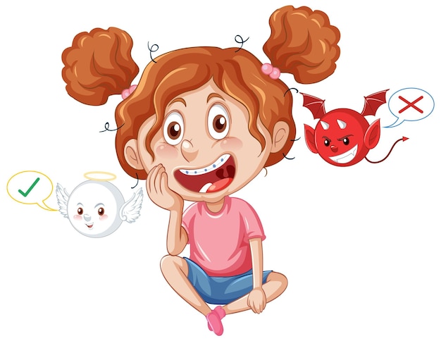 Free vector cartoon character with devil and angel fighting in thought