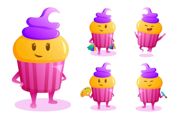 Vettore gratuito personaggi dei cartoni animati di cup cake con pose emotive e strumenti