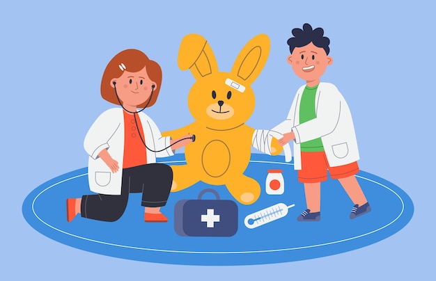 Free vector cartoon children in doctor uniform playing with toy rabbit. cute girl with stethoscope, kids learning about health flat vector illustration. childhood, medicine concept for banner or landing web page