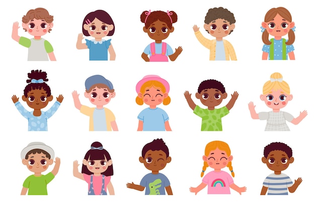 Cartoon children multiethnic characters hello by waving hands. kids smiling portraits. happy kindergarten boys and girls welcome vector set