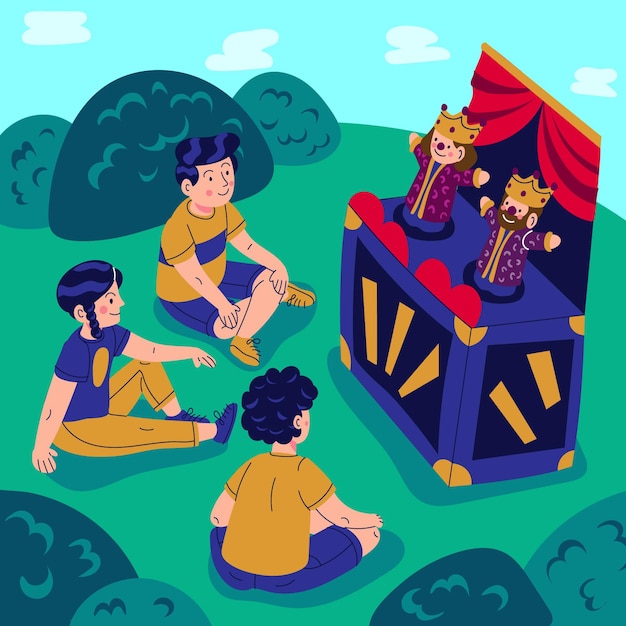 cartoon children watching puppet show