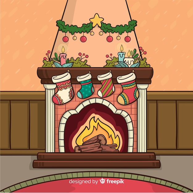 Free vector cartoon christmas fireplace scene