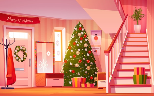 Cartoon christmas hall interior illustration