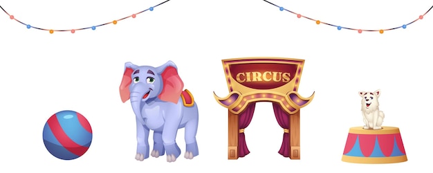 Elementi del circo del fumetto con animali e ingresso al circo