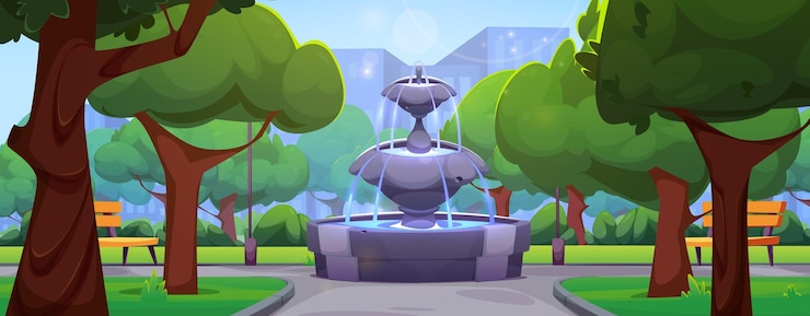Free Vector cartoon city park scene with stone fountain