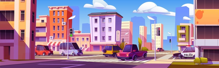 Free Vector cartoon city street intersection with many cars