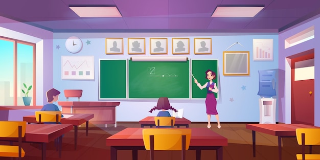 Cartoon classroom for math learning with pupils teacher at the blackboard