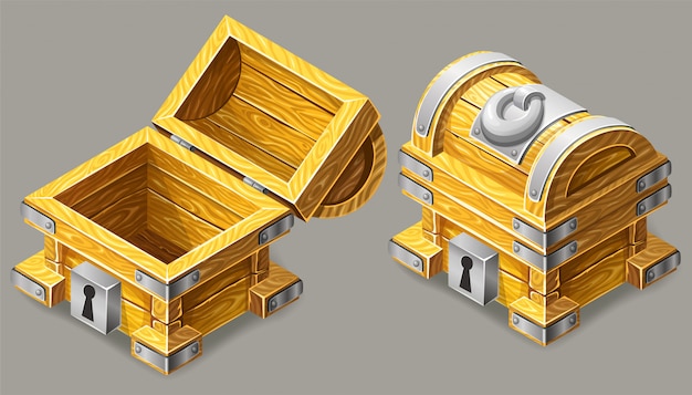 Cartoon closed and opened wooden isometric chest.