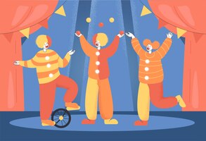 Cartoon clowns or jugglers performing at circus show. circus poster or wallpaper, with comedian or joker characters on arena flat vector illustration. comedy, circus, entertainment concept for banner