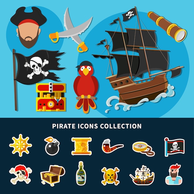 Free vector cartoon collection of pirate icons with jolly roger, sail ship, treasure chest, rum, helm isolated illustration