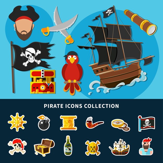 Cartoon collection of pirate icons with jolly roger, sail ship, treasure chest, rum, helm isolated illustration