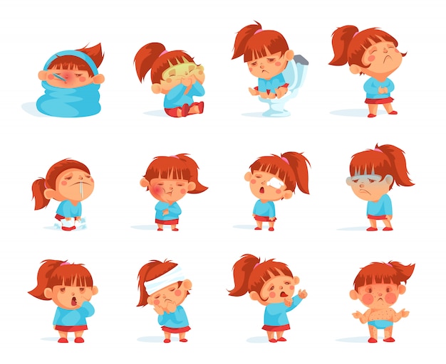 Free vector cartoon collection of sick child figurines