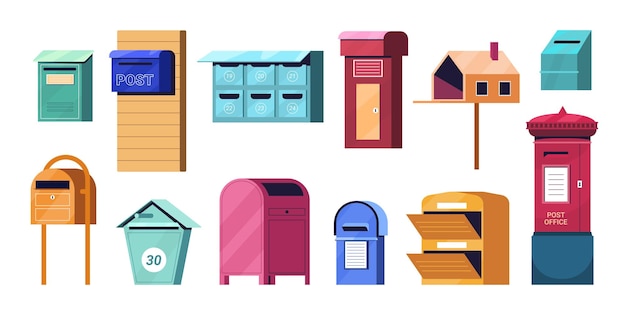 Free vector cartoon color mailboxes or post boxes for correspond letters delivery
