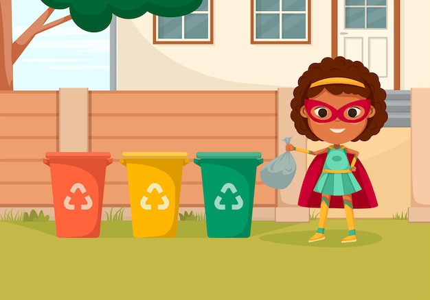 슈퍼히어로 소녀와 함께 만화 색깔의 어린이 슈퍼히어로 구성은 재활용 쓰레기통에 쓰레기를 던집니다